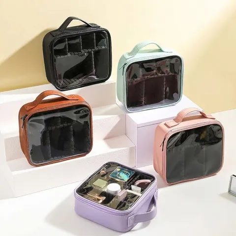 Große Kapazität PU Leder Vintage Make-up Tasche Tragbare Reise Kulturbeutel Wasserdicht Kosmetik Organizer Mit Verstellbaren Trennwänden Transparentes Fenster