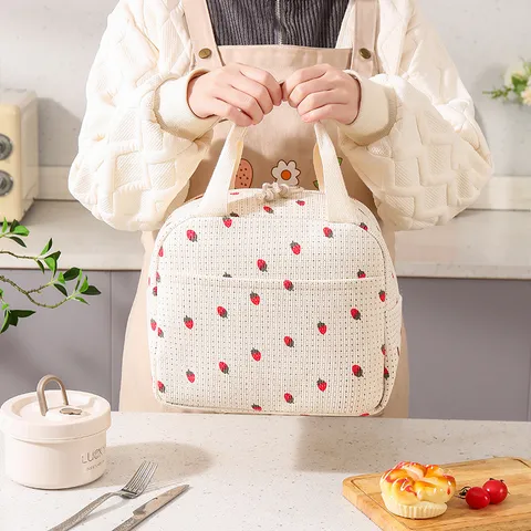 Large Corduroy Thermal Lunch Bag For Women Insulated Waterproof Bento Handbag Portable Picnic Ice Bag With Strawberry Grid Patterns