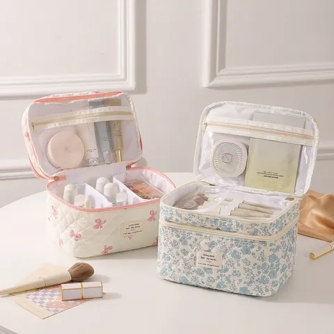 Gesteppte Blumige Kosmetiktasche Große Kapazität Polyester Wasserdicht Makeup Organizer Tragbare Reise Kulturbeutel Für Damen