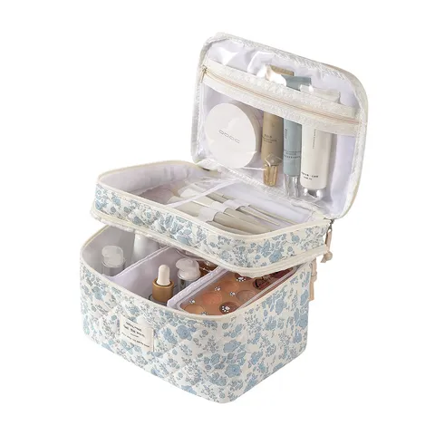 Gesteppte Blumige Kosmetiktasche Große Kapazität Polyester Wasserdicht Makeup Organizer Tragbare Reise Kulturbeutel Für Damen