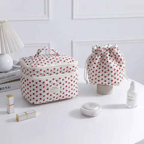 Quilted Cotton Cosmetic Bag Portable Travel Toiletry Organizer Handbag Large Capacity Floral Drawstring Makeup Storage Case For Women