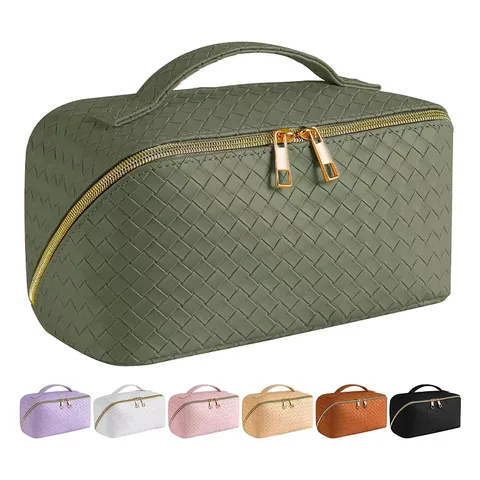 Large Capacity Woven PU Leather Makeup Bag Portable Pillow Toiletry Storage Pouch For Travel Women Daily Accessories