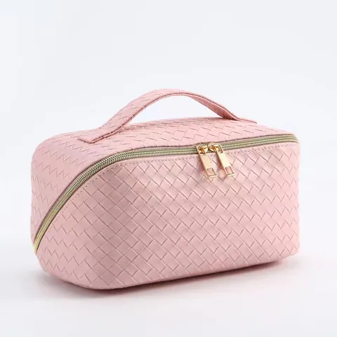Large Capacity Woven PU Leather Makeup Bag Portable Pillow Toiletry Storage Pouch For Travel Women Daily Accessories