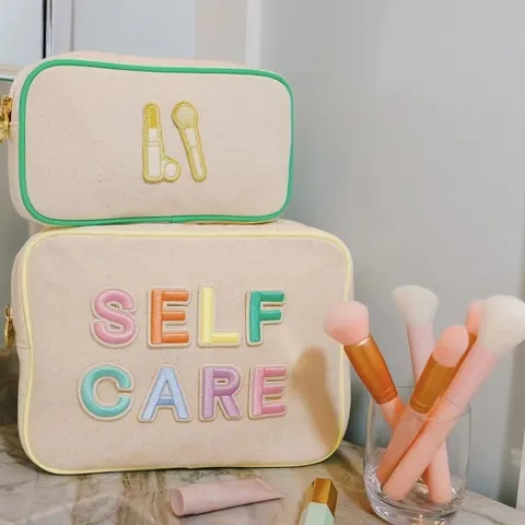 Portable Large Capacity Canvas Makeup Bag Urban Minimalist DIY Embroidered Alphabet Patch Cosmetic Organizer For Travel Unisex