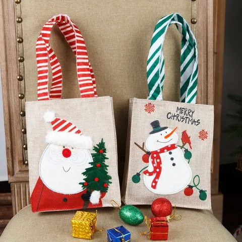 Christmas Linen Gift Bags Santa Snowman Burlap Candy Bag With Handle Festive Party Favor Bags For Christmas Holiday Wrap