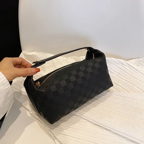 Βίντατζ Τσαντάκι Καλλυντικών από Δέρμα PU με Σκακιέρα Μεγάλη Χωρητικότητα Φορητό Νεσεσέρ Ταξιδιού Τσάντα Χειρός για Γυναίκες Αποθήκευση Μακιγιάζ