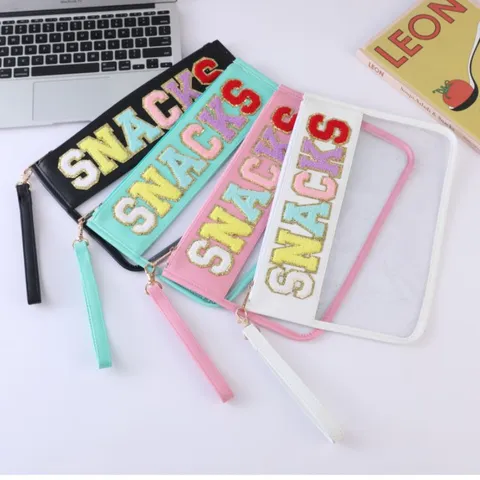 Transparent PVC Makeup Bag Chenille Embroidery Letter SNACKS Zipper Toiletry Bag Portable Travel Organizer Case For Women