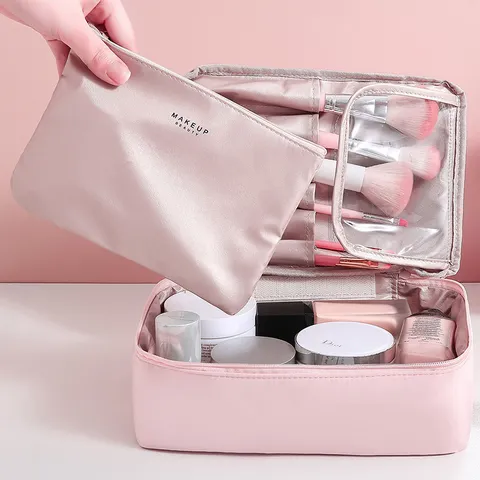 Ins Style Portable Polyester Waterproof Makeup Bag For Women Large Capacity Cosmetic Storage Bag With Brush Slots Travel Wash Bag