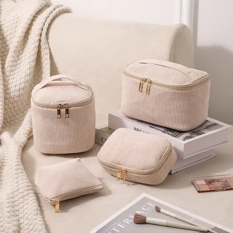 Große Kapazität Kord Kosmetiktasche Kulturtasche Für Damen Tragbare Make-up Organizer Reise Aufbewahrungstasche