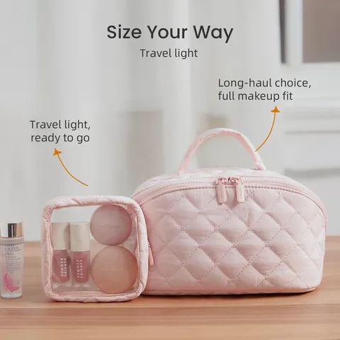 Large Capacity Quilted Makeup Bag Portable Toiletry Travel Storage Bag With Handle Polyester Cosmetic Bag And Small Pouch For Women