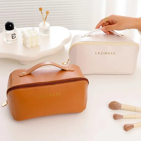 Große Kapazität PU Leder Kosmetiktasche Wasserdicht Reise Toilettenartikel Aufbewahrung Windorgel Kissen Make-up Tasche für Damen