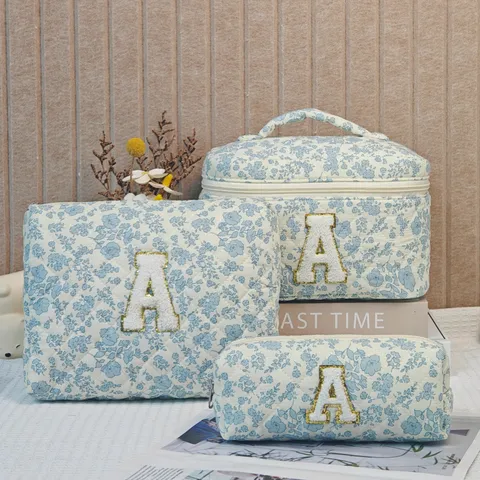 Quilted Cotton Floral Makeup Bag Set With Letter Embroidery Portable Cosmetic Pouch Large Capacity Travel Wash Organizer Case