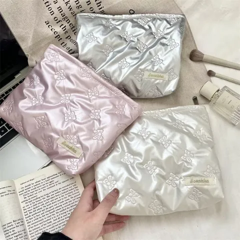 Korean Quilted PU Heart Bow Makeup Bag For Women Portable Travel Cosmetic Bag Large Capacity Storage Pouch Vanity Organizer