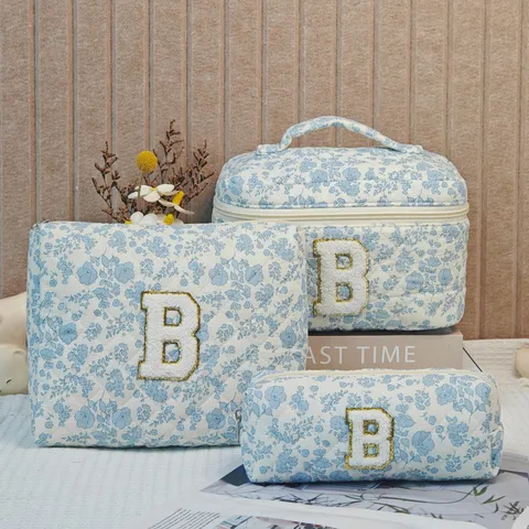 Quilted Cotton Floral Makeup Bag Set With Letter Embroidery Portable Cosmetic Pouch Large Capacity Travel Wash Organizer Case