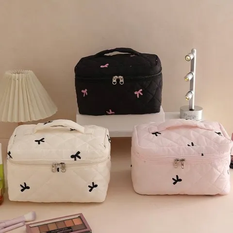 Large Capacity Quilted Cotton Makeup Bag Cute Bowknot Portable Travel Toiletry Organizer Handheld Cosmetic Bag For Women