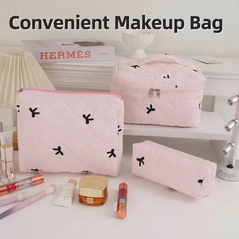 Large Capacity Quilted Cotton Makeup Bag Cute Bowknot Portable Travel Toiletry Organizer Handheld Cosmetic Bag For Women