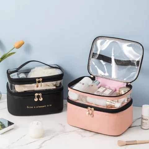 Dubbellaagse Transparante PU Make-up Tas Draagbare Effen Kleur Grote Capaciteit Reizen Cosmetische Opbergtas Voor Dames