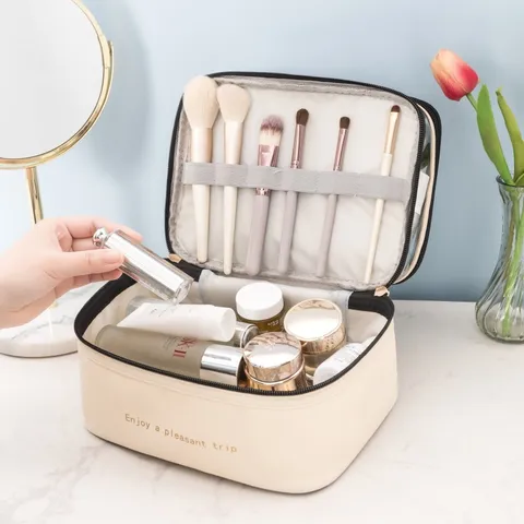 Dubbellaagse Transparante PU Make-up Tas Draagbare Effen Kleur Grote Capaciteit Reizen Cosmetische Opbergtas Voor Dames