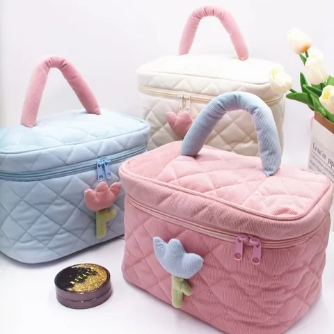 Quilted Corduroy Cosmetic Bag With 3D Tulip Large Capacity Makeup Organizer Travel Toiletry Bag For Women Portable Storage Pouch