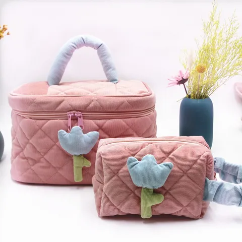 Quilted Corduroy Cosmetic Bag With 3D Tulip Large Capacity Makeup Organizer Travel Toiletry Bag For Women Portable Storage Pouch