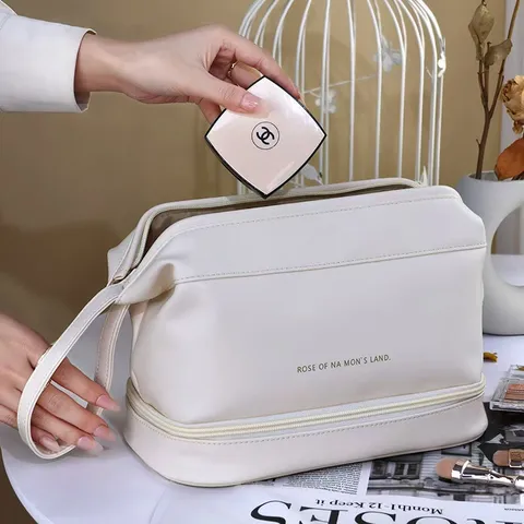 Neceser de Maquillaje de Nube de Doble Capa de Gran Capacidad Bolsa de Cosméticos Portátil de Cuero Sintético Impermeable