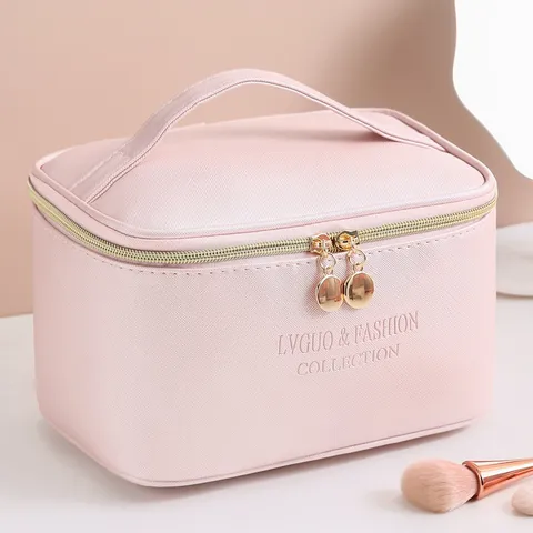 Waterproof PU Leather Makeup Bag Cross Pattern Portable Toiletry Organizer Case Large Capacity Minimalist Cosmetic Storage Bag For Women Travel