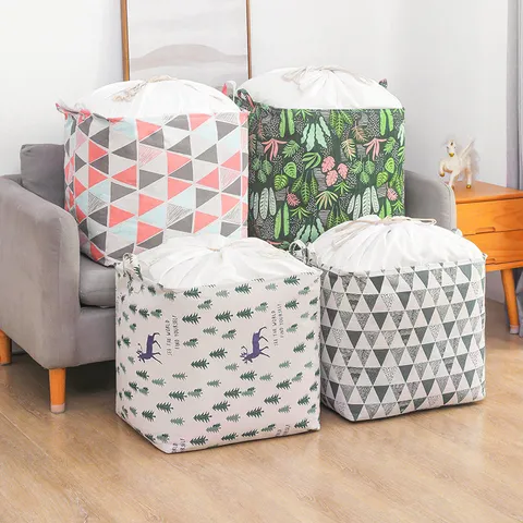 Large Capacity Cotton Blend Cloth Storage Bag Foldable Drawstring Quilt Clothing Organizer For Bedroom Moving Home Organizer