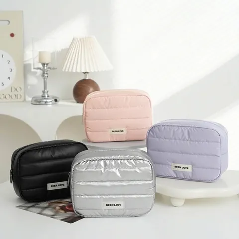 Glänzend Puffer Gesteppt Kosmetiktasche Tragbar Große Kapazität Reise Make-up Etui Wasserdicht Reißverschluss Kulturbeutel Handtasche