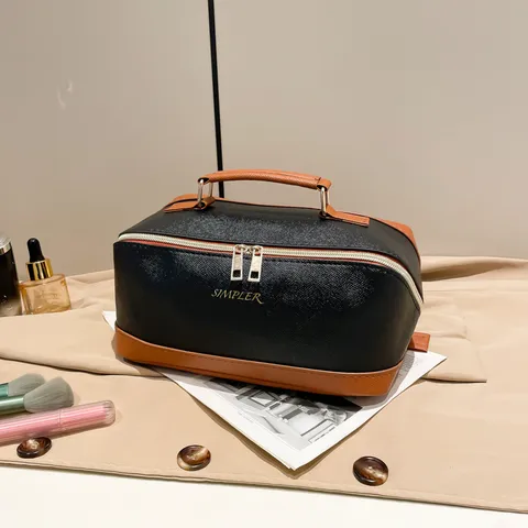 Große Kapazität PU Leder Kulturbeutel Für Damen Wasserdichte Palmenmaserung Reise Kosmetiktasche Organizer Tasche Mit Griff Doppelreißverschluss