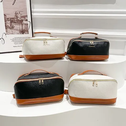 Große Kapazität PU Leder Kulturbeutel Für Damen Wasserdichte Palmenmaserung Reise Kosmetiktasche Organizer Tasche Mit Griff Doppelreißverschluss
