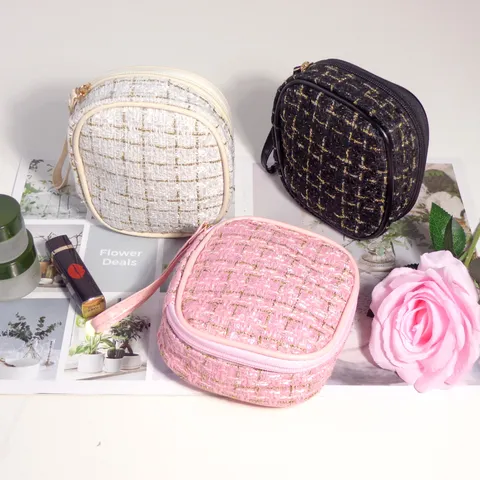 Mini Trousse de Maquillage en Tweed Style Petit Parfum Pochette de Rangement pour Rouge à Lèvres et Serviettes Hygiéniques Femme