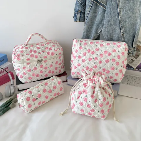 Floral Quilted Polyester Makeup Bag Set Large Travel Cosmetic Case Drawstring Pouch Cylinder Pen Bag Zipper Organizer For Women