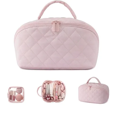 Large Capacity Quilted Makeup Bag Portable Toiletry Travel Storage Bag With Handle Polyester Cosmetic Bag And Small Pouch For Women