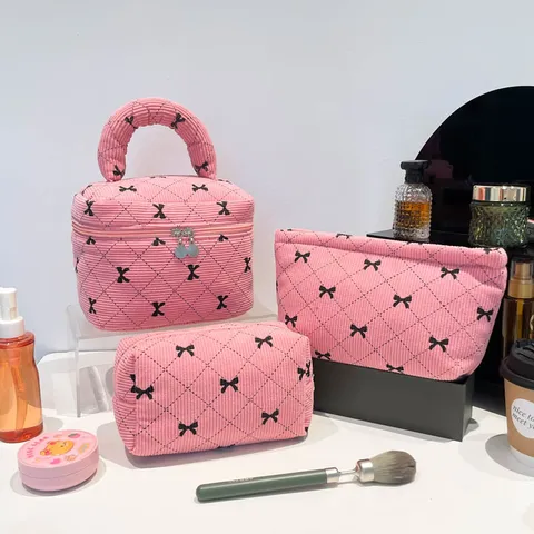 Exquisite Corduroy Makeup Bag For Women Bow Strawberry Bear Print Lightweight Travel Cosmetic Organizer Portable Storage Pouch