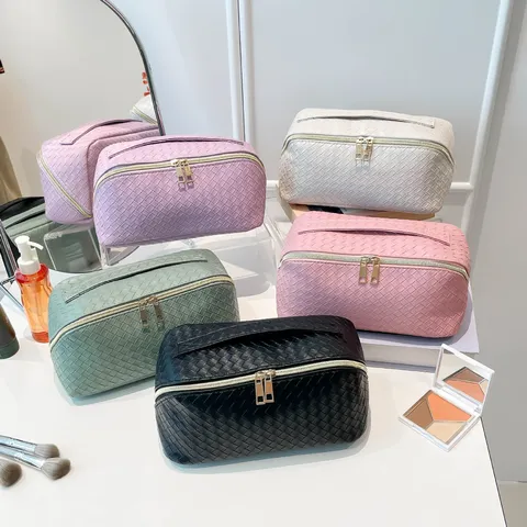 Borsa da Trucco Intrecciata in Pelle PU di Grande Capacità Beauty Case Impermeabile Portatile Per Donne Uomini Viaggio