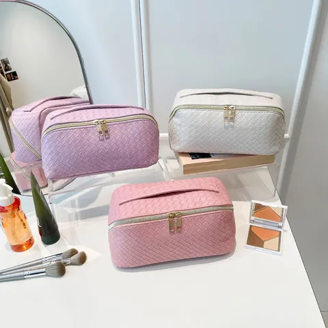Borsa da Trucco Intrecciata in Pelle PU di Grande Capacità Beauty Case Impermeabile Portatile Per Donne Uomini Viaggio