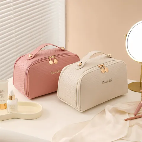 Große Kapazität Reise Kosmetiktasche Für Damen Tragbare PU Leder Make-up Organizer Geometrische Webstruktur Kulturbeutel Mit Griff