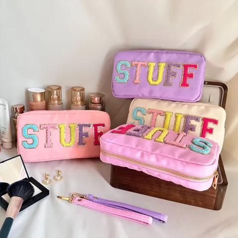 Chenille Letter Patch Nylon Makeup Bag Embroidered Large Capacity Waterproof Travel Cosmetic Pouch Women Daily Toiletry Organizer