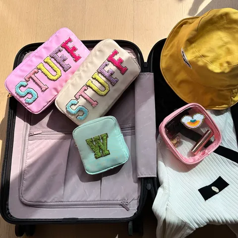 Chenille Letter Patch Nylon Makeup Bag Embroidered Large Capacity Waterproof Travel Cosmetic Pouch Women Daily Toiletry Organizer