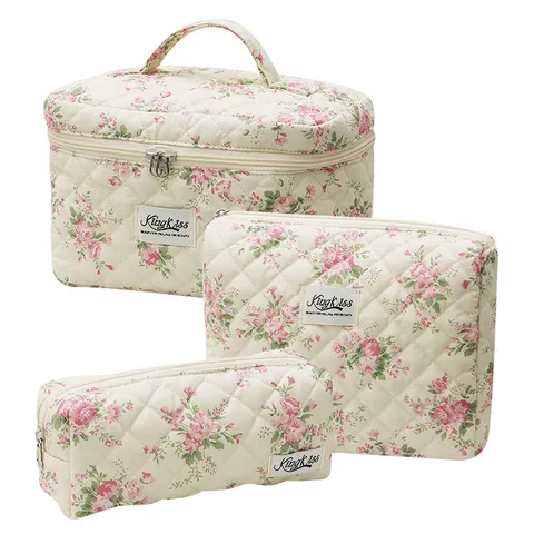 Quilted Cotton Floral Cosmetic Bag Portable Toiletry Storage Pouch Travel Makeup Organizer Handle Box Case For Women