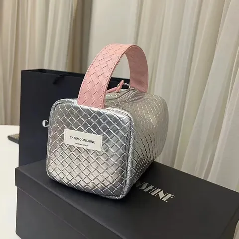 Gewebte Patchwork Kosmetiktasche Tragbare Kulturbeutel Handtasche Metallisch Kunstleder Aufbewahrungsbeutel Silber Rosa Für Damen Reise Alltag