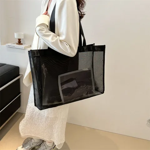 Bolso Tote de Malla Transparente de Moda de Verano Bolso de Mano Simple de Gran Capacidad para Mujer Compras Diarias Playa