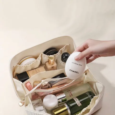 Large Capacity Waterproof PU Leather Makeup Bag Portable Travel Toiletry Organizer French Cream Style Cosmetic Bag For Women