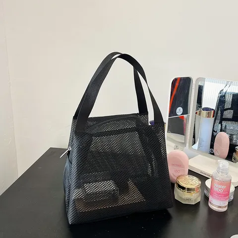 Portable Nylon Mesh Cosmetic Bag Breathable Handheld Wash Bag For Travel Bathroom Beach Women Multi Color Storage Organizer