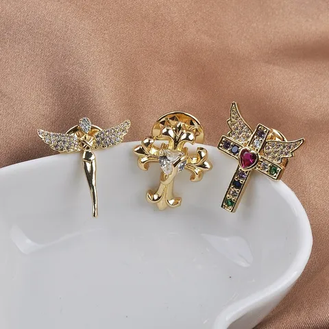 Mini Cross Angel Wing Brooch Pin For Women Men Copper Zirconia Anti-exposure Collar Pin Gothic Heart Rhinestone Jewelry