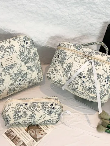 Large Capacity Floral Print Quilted Cotton Cosmetic Bag Cute Flower Pattern Travel Toiletry Organizer Makeup Storage Pouch For Women