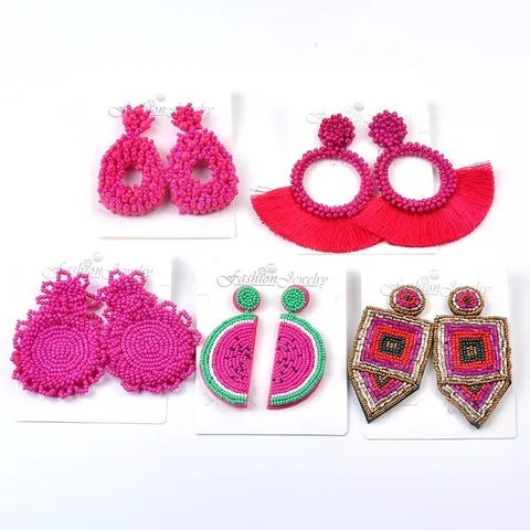Pendientes Bohemios de Cuentas de Semillas Rosa Fuerte Hechos a Mano Sandía Geométricos Borla Estilo Étnico Pendientes para Mujer Joyería Regalo
