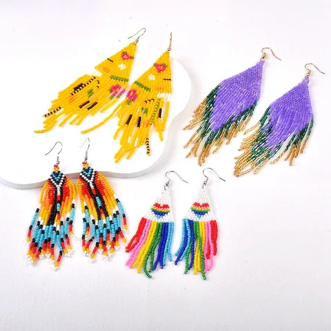 Bohemian Samenperle Quaste Ohrringe Handgefertigt Gewebt Ethnisch Floral Geometrisch Herz Lange Hängende Ohrringe Für Damen Sommer Strand Party Schmuck