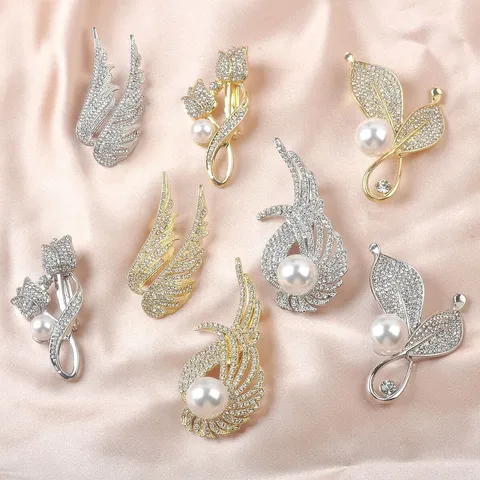 Eleganter Koreanischer Legierung Voll Strass Blume Blatt Flügel Brosche Nadel Mit Künstlicher Perle Gold Silber Schmuck Damen Geschenk