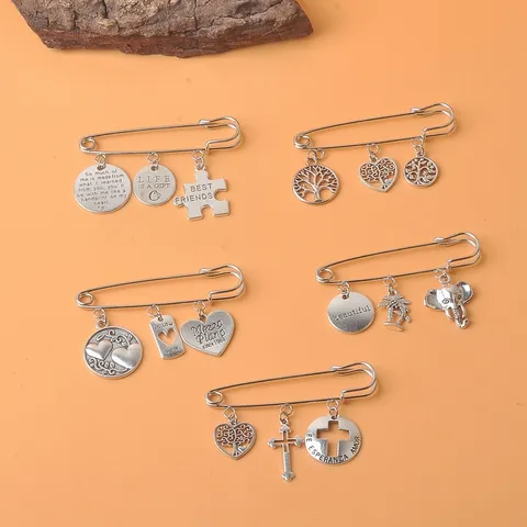 Vintage Legierung Sicherheitsnadel Brosche Für Kleidung Hut Dekoration Antiksilber Lebensbaum Herz Kreuz Charms Schmuck Geschenk